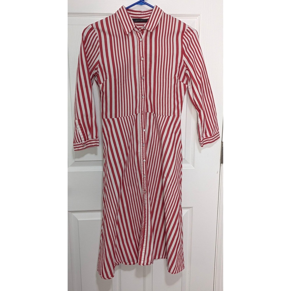 Zara Woman Red White Striped Button Down Midi Shirtdress XS 3/4 Sleeve Collared